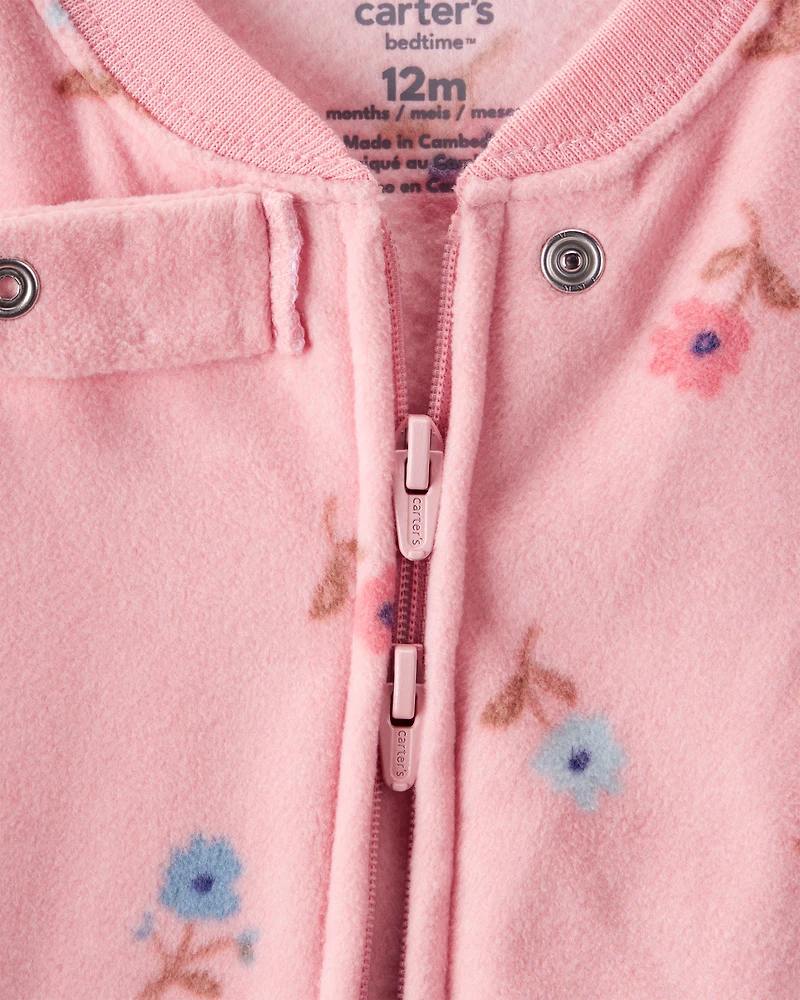 Baby Girl Butterfly & Floral Print Loose Fit Long-Sleeve 2-Way Zip 1-Piece Pyjamas - Pink
