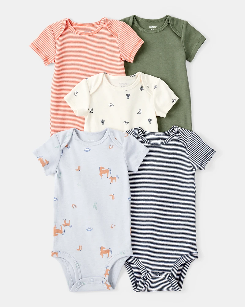 Baby Boy 5-Pack Cowboy Print Cotton Multipack Bodysuits - Blue/White/Orange/Green
