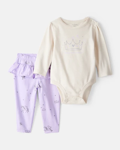 Baby Girl Princess Print Cotton Long-Sleeve Bodysuit & Pant Set - White/Purple