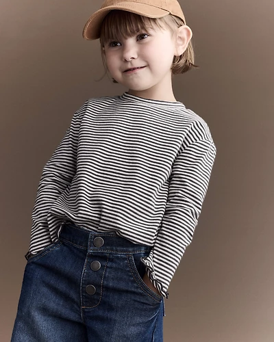 Toddler Girl Striped Ruffle Edge Long-Sleeve Top - Dark Grey/Ivory