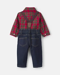 Baby Boy 2-Piece Plaid Denim Long-Sleeve Bodysuit & Suspender Pant Set - Red/Indigo