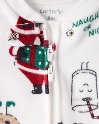 Baby Santa Print Loose Fit Fleece Long-Sleeve Sleeper - White
