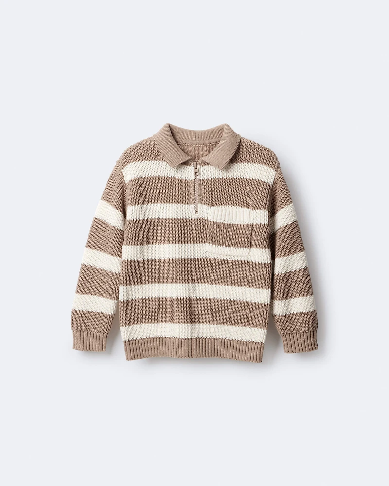 Toddler Boy Striped Quarter-Zip Sweater - Tan/White