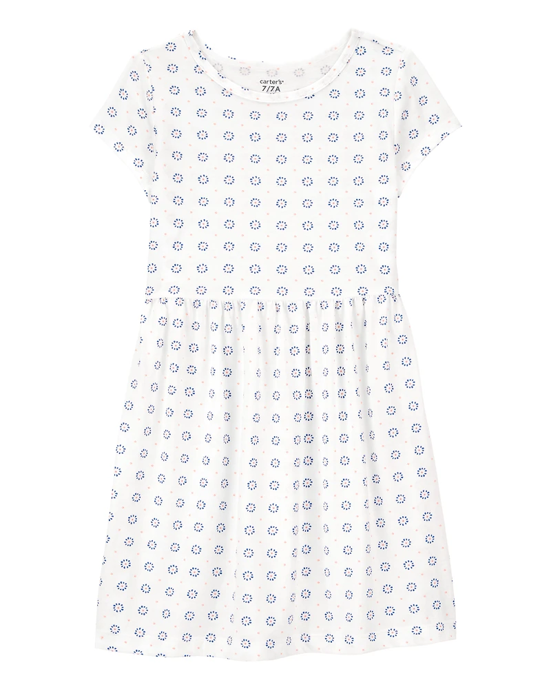 Girls Floral Short-Sleeve Dress- Ivory