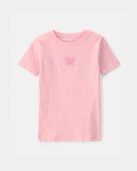 Girls Butterfly Rib Snug Fit 2-Piece Pyjama Set - Pink