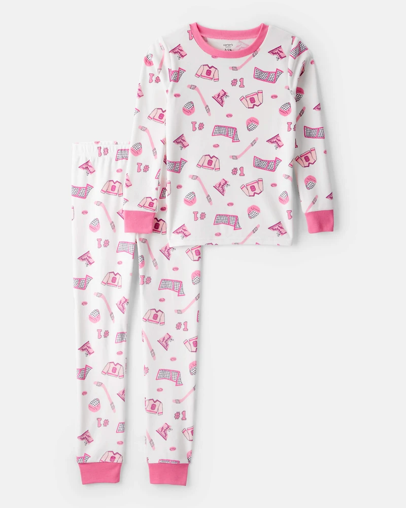 Girls Hockey Print Fleece Long-Sleeve 2-Piece Pyjamas - Pink