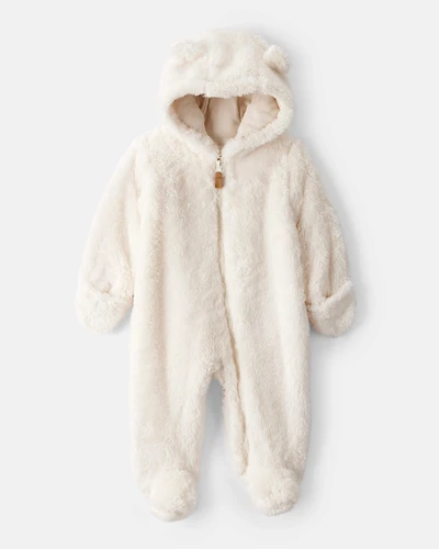 Baby Sherpa Hooded Long-Sleeve Jumpsuit - White