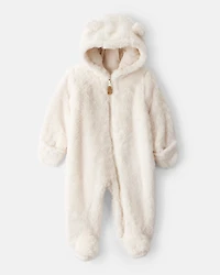 Baby Sherpa Hooded Long-Sleeve Jumpsuit - White