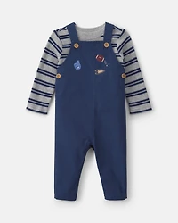 Baby Boy 2-Piece Striped Sports Thermal Overall Set - Navy