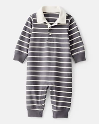 Baby Boy Striped Cotton Long-Sleeve Polo Jumpsuit - Grey/Ivory