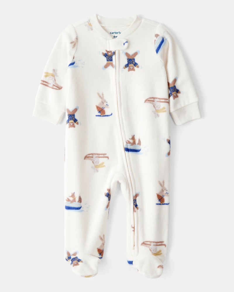 Baby Boy Animal Ski Print Loose Fit Long-Sleeve Sleeper - Cream