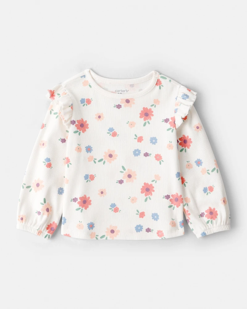 Baby Girl Floral Cotton Ruffle Long-Sleeve Top - White