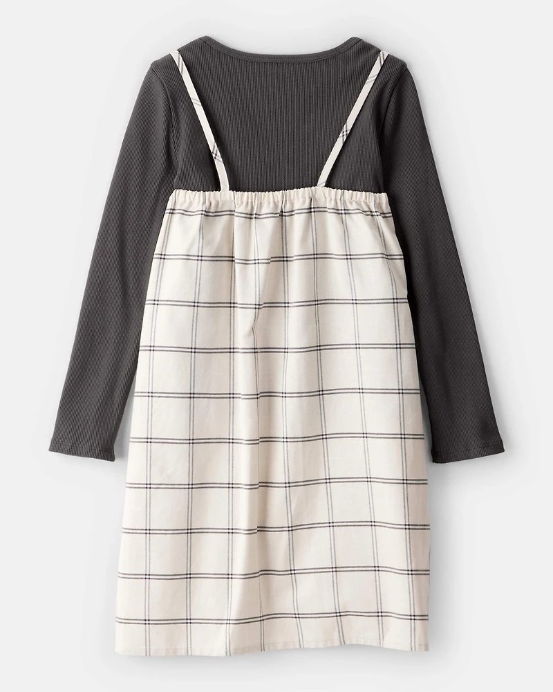 Girls 2-Piece Plaid Long-Sleeve Dress Set - White