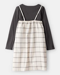 Girls 2-Piece Plaid Long-Sleeve Dress Set - White