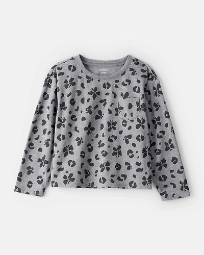 Girls Butterfly Leopard Pocket Tee - Grey