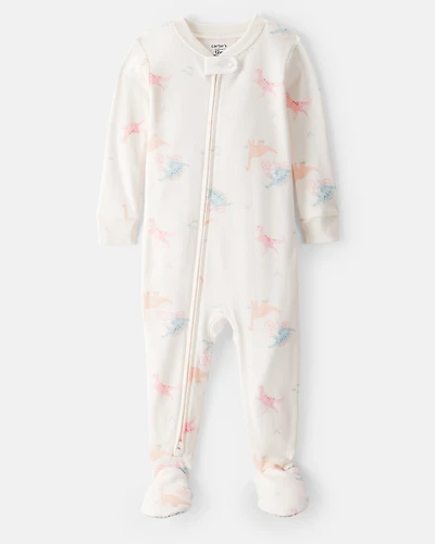 Toddler Girl Dinosaur Print 100% Cotton Long-Sleeve 2-Way Zip 1-Piece Pyjamas - White