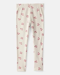 Girls Cherry Print Cotton Pull-On Stretch Leggings - Ivory