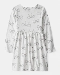 Girls Bow Print Long Sleeve Cotton Dress - Grey