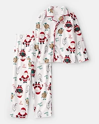 Kid Christmas Santa Print Fleece Long-Sleeve Loose Fit 2-Piece pyjamas - White