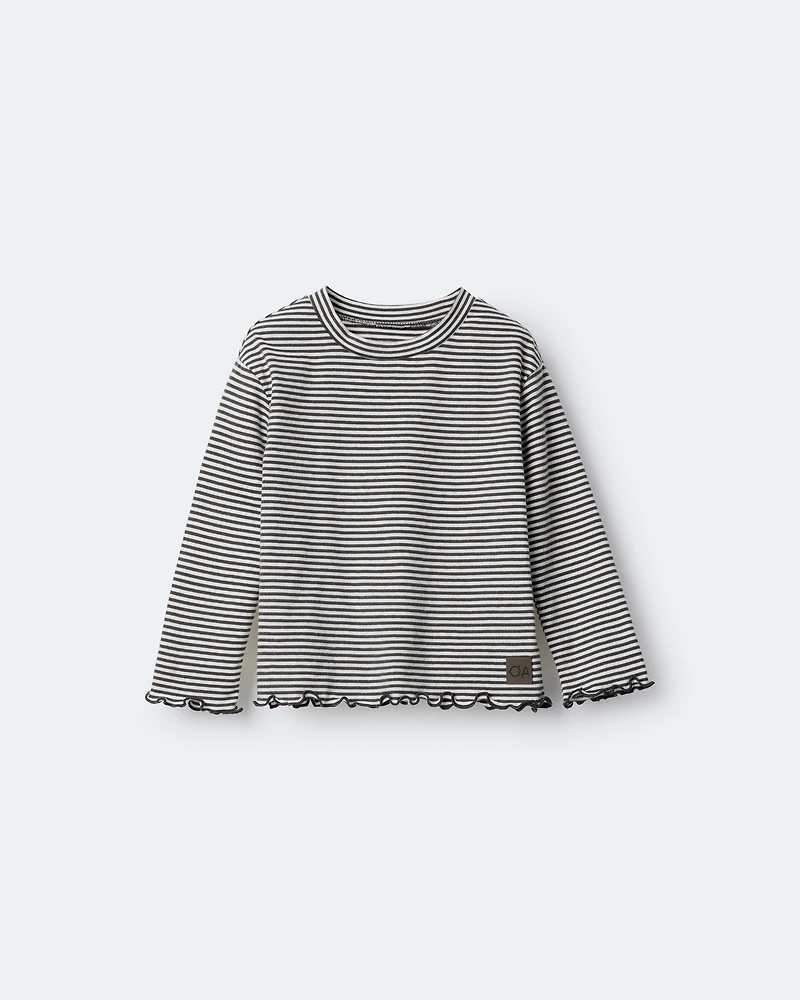Toddler Girl Striped Ruffle Edge Long-Sleeve Top - Dark Grey/Ivory