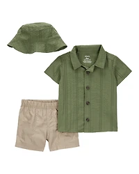 Baby Boy 3-Piece Short & Hat Set - Olive/Khaki
