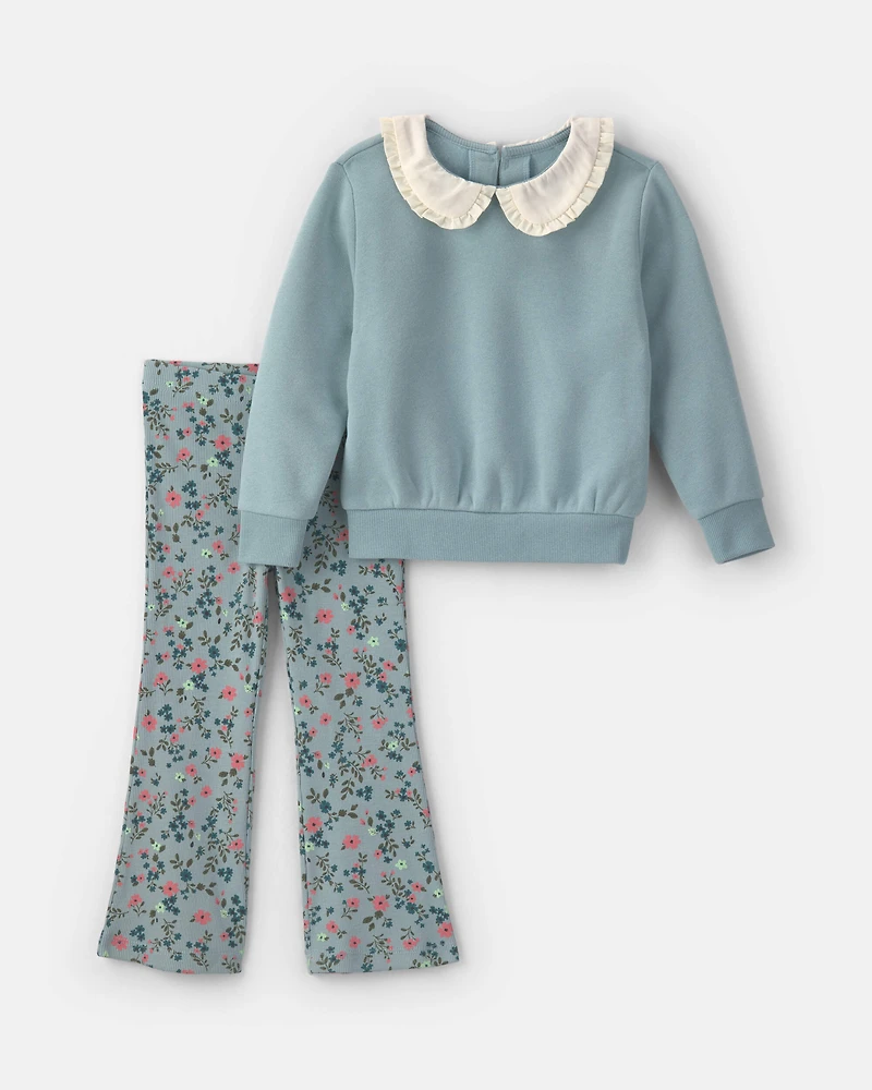 Toddler Girl 2-Piece Floral Fleece Long-Sleeve Top & Pant Set - Blue