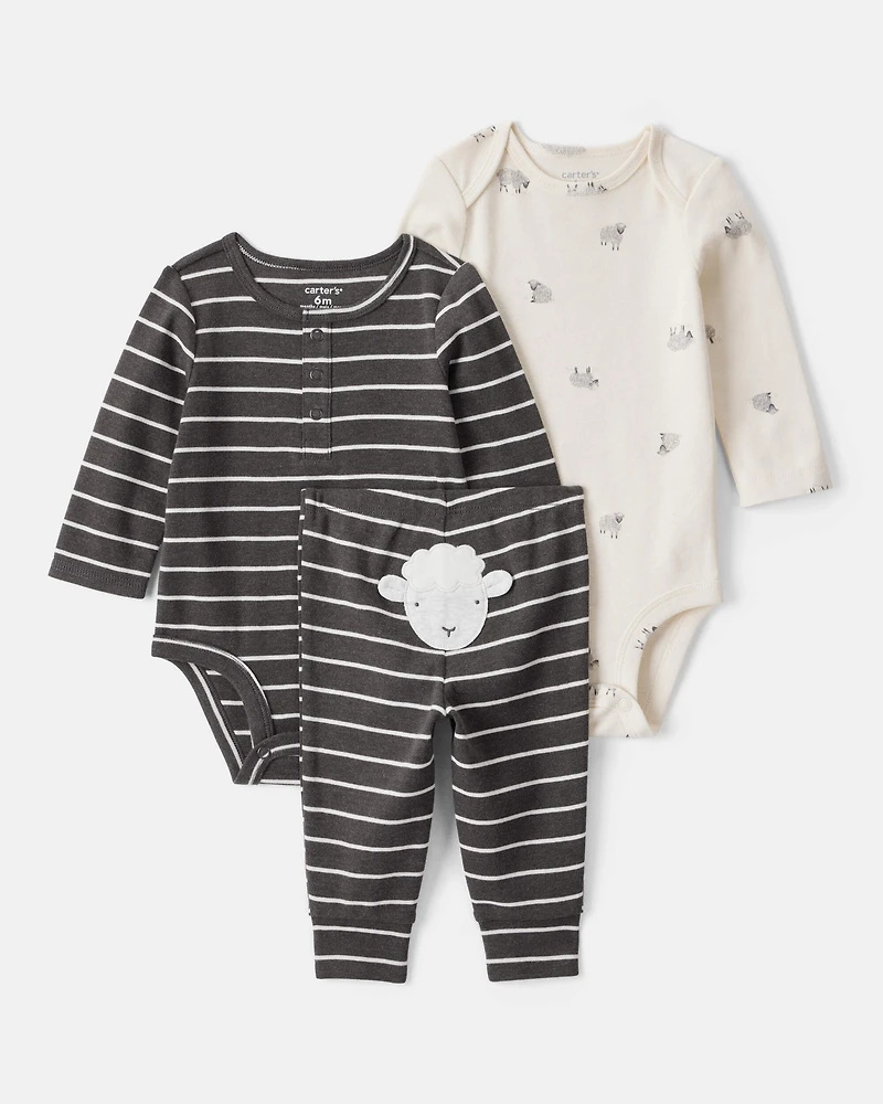 Baby Boy 3-Piece Striped Sheep Print Long-Sleeve Bodysuits & Pant Set - White/Black