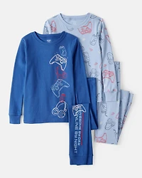 Boys Gaming Print 100% Cotton Long-Sleeve 4-Piece Pyjamas - Blue