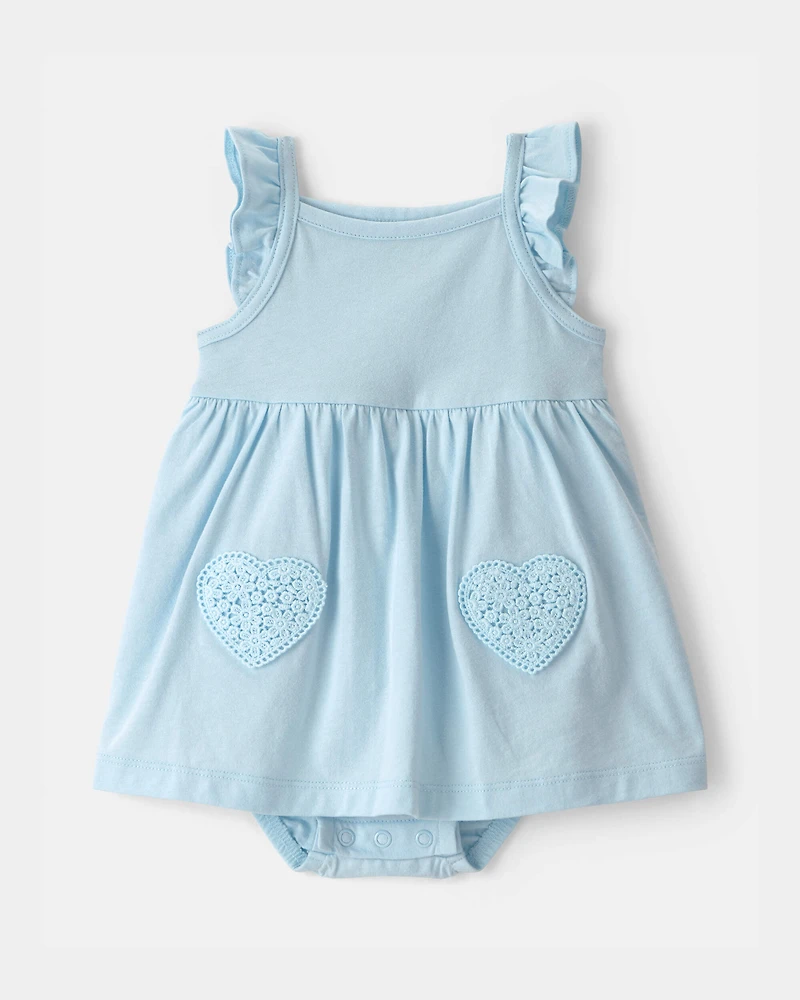 Baby Girl Heart Sleeveless Bodysuit Dress - Blue