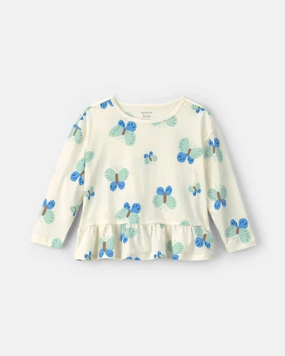 Toddler Girl Butterfly Long-Sleeve Top – White/Blue/Green