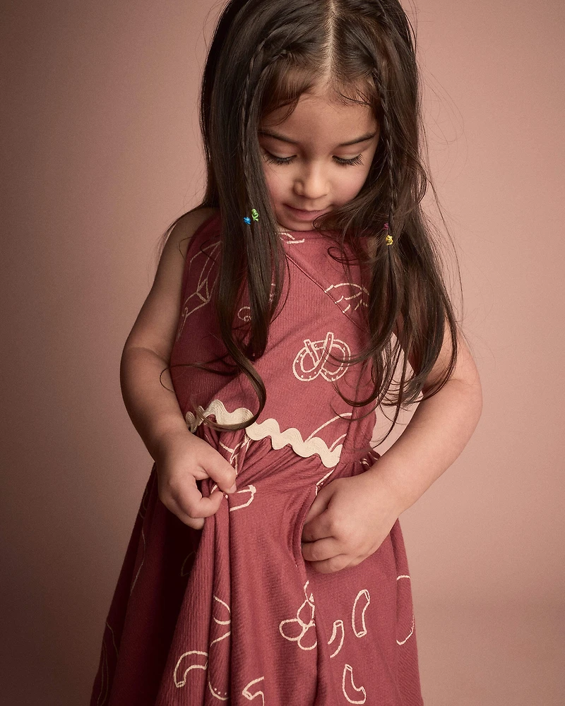 Toddler Girl Ric-Rac Crossover Dress Snack Print  - Red