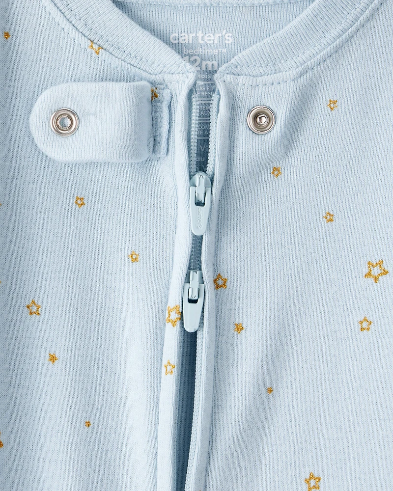 Baby Girl Unicorn Star Print 100% Cotton Long-Sleeve 2-Way Zip 1-Piece Pyjamas - Blue