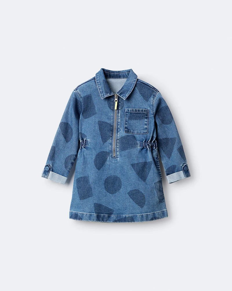 Toddler Girl Zip-Up Denim Shirt Dress with Shapes - Blue