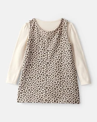 Toddler Girl 2-Piece Leopard Print Cotton Long-Sleeve Dress Set - Brown
