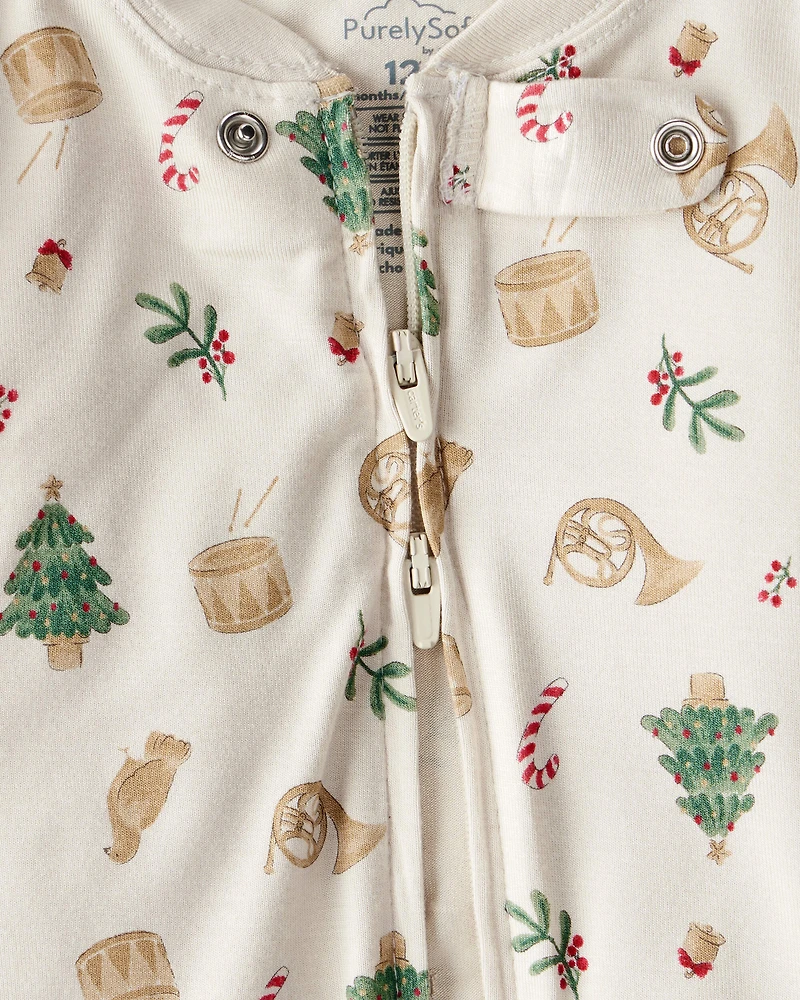 Baby Holiday Print PurelySoft Long-Sleeve Snug Fit 1-Piece pyjamas - White