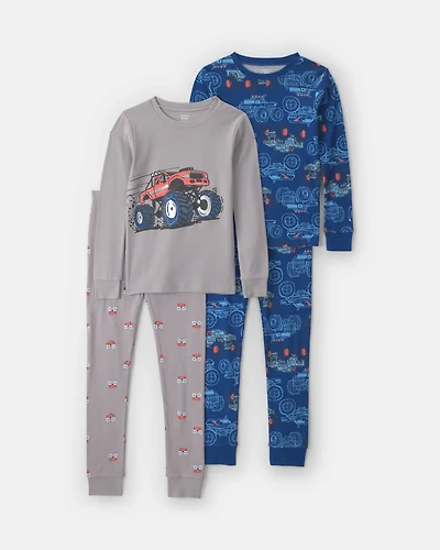 Boys 4-Piece Monster Truck 100% Cotton Snug Fit Pyjama Set - Grey
