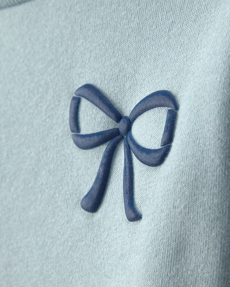 Girls 2-Piece Bow Fleece Pullover & Pant Set – Blue/Grey