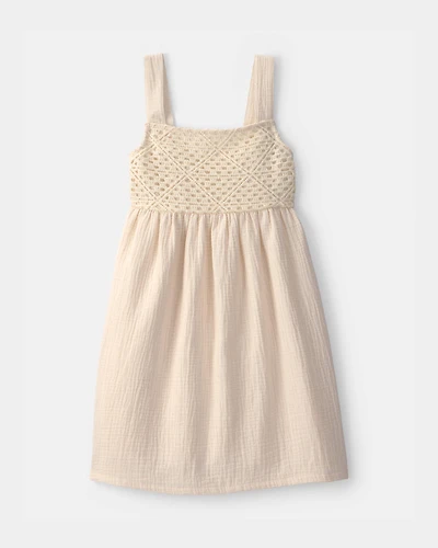 Girls Crochet Gauze Dress - Ivory
