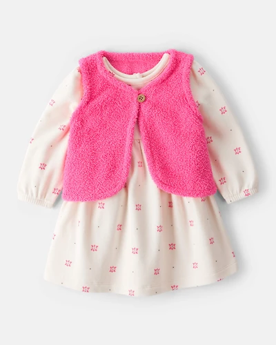 Baby Girl 2-Piece Floral Motif Sherpa Long-Sleeve Dress Set - White/Pink