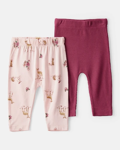 Baby Girl 2-Pack Deer & Floral Print PurelySoft Pull-On Pants - Red/Pink