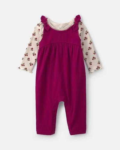 Baby Girl 2-Piece Floral Overall Set - Maroon/Ivory