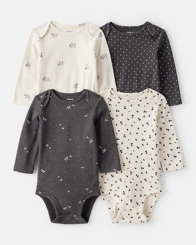 Baby Girl 4-Pack Sheep Print Long-Sleeve Multipack Bodysuits - Black/White