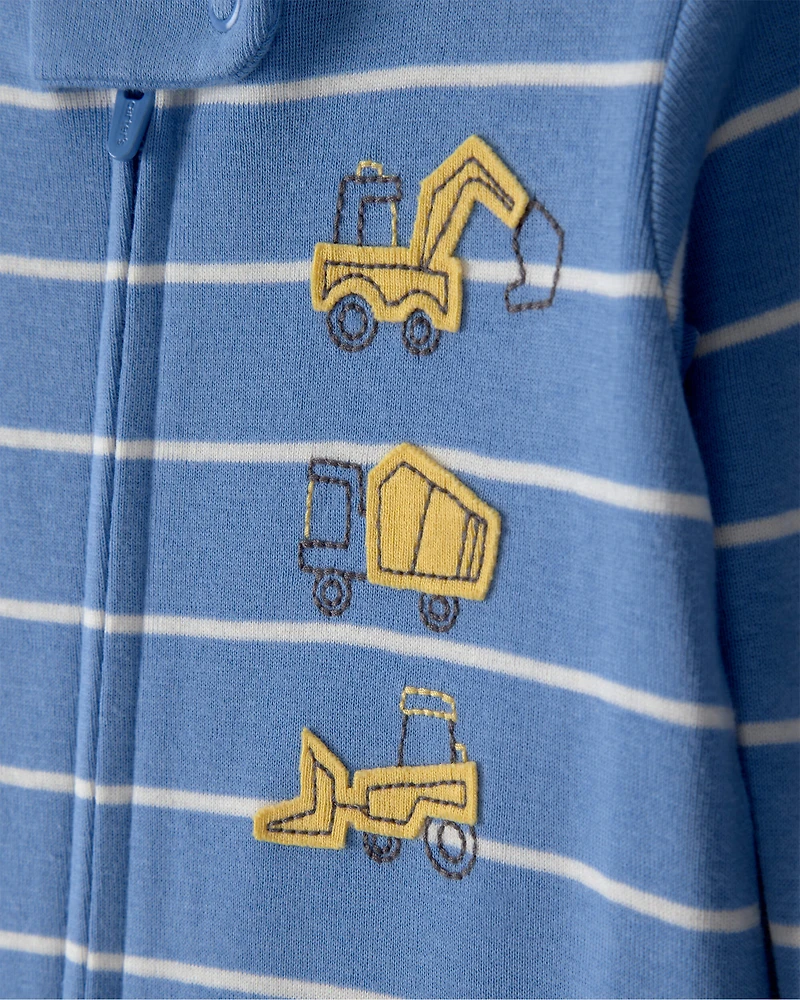 Baby Boy Construction Striped 100% Cotton Snug Fit 1-Piece Pyjama Set - Blue