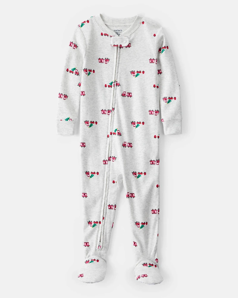 Baby Boy Train Print Cotton Long-Sleeve Snug Fit 1-Piece pyjamas - Grey