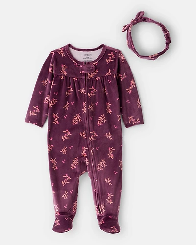 Baby Girl 2-Piece Floral DreamPlush Long-Sleeve Snug Fit Sleeper- Maroon