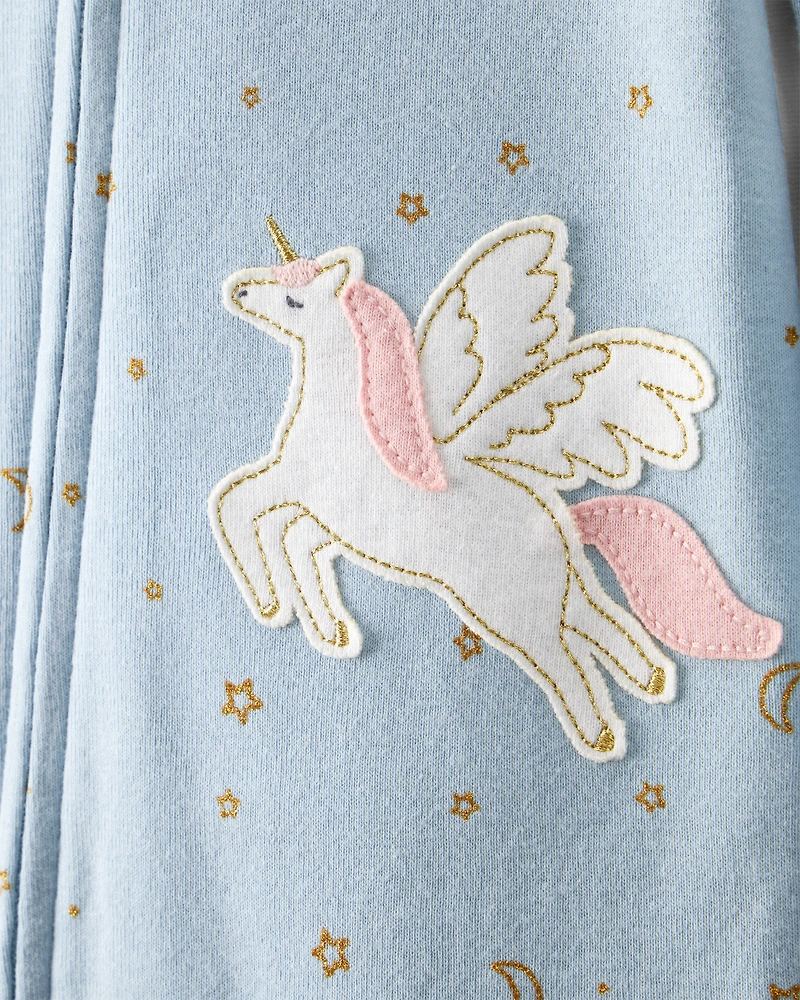 Baby Girl Unicorn Star Print 100% Cotton Long-Sleeve 2-Way Zip 1-Piece Pyjamas - Blue
