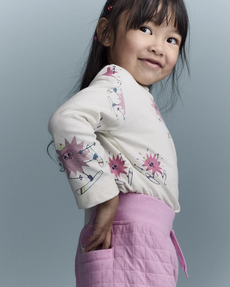 Toddler Girl Skiing Abstract Long-Sleeve Relaxed Graphic Top - Cream