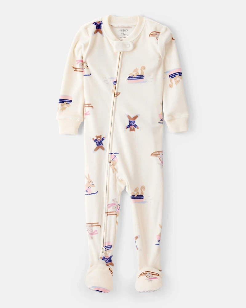 Toddler Girl Snow Animals DreamPlush Snug Fit Long-Sleeve 2-Way Zip 1-Piece Pyjamas - White