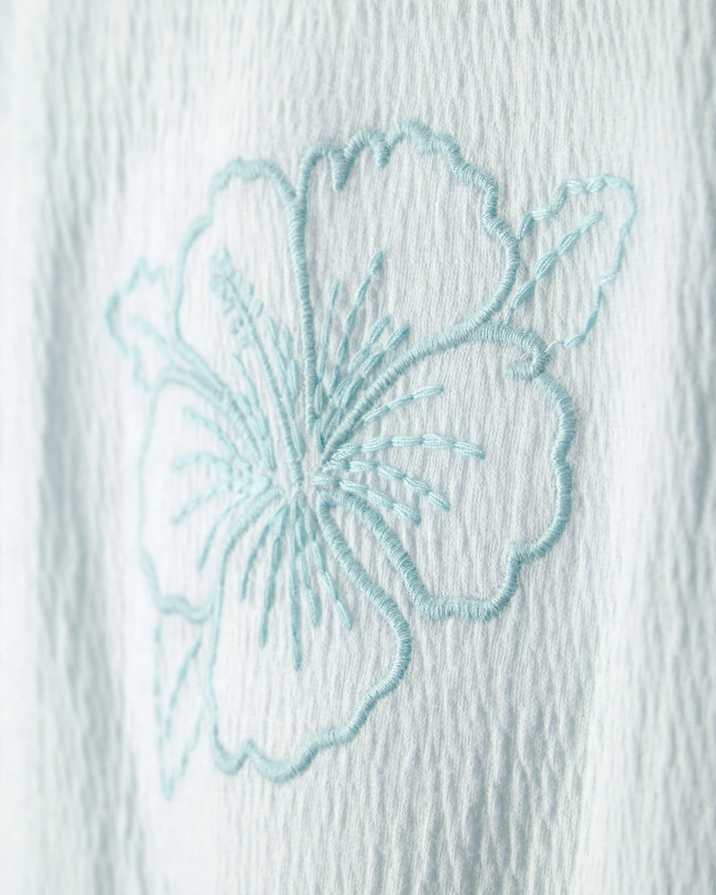 Girls Embroidered Flower Crinkle Top - Blue