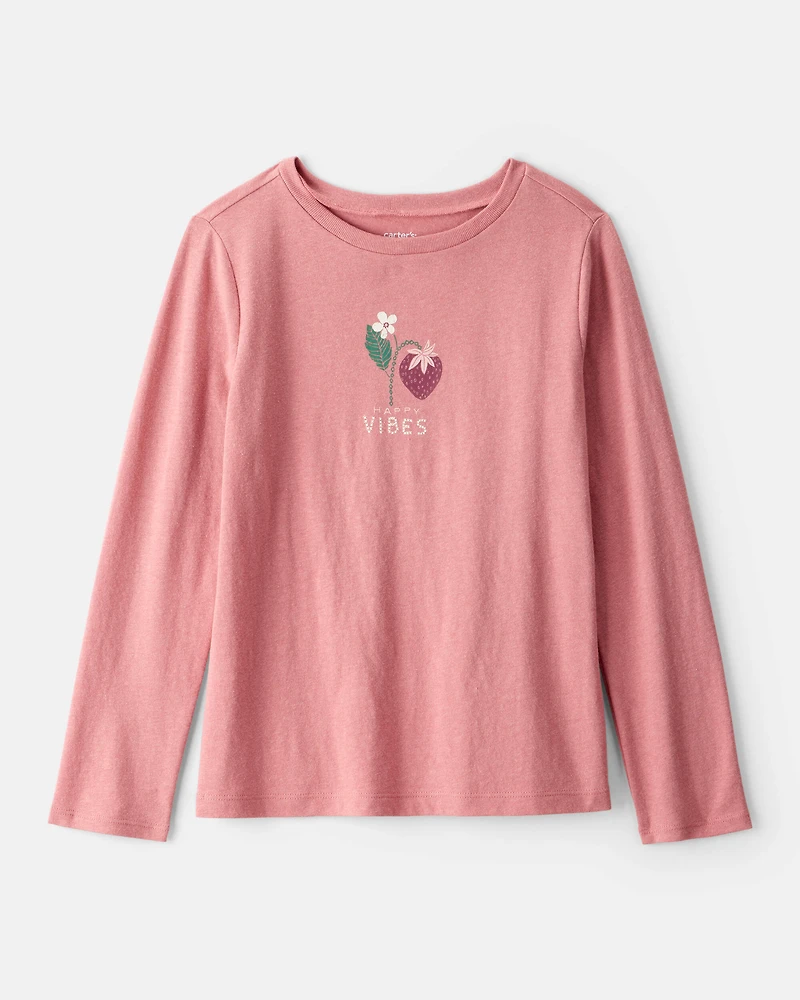 Girls Strawberry Happy Vibes Long-Sleeve Graphic Tee - Pink